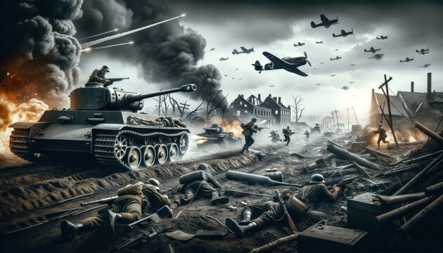 Black and white image depicting a chaotic world war 2 battle scene with soldiers and a tank