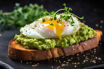 Sandwich with avocado egg and whole grain bread on a dark background. Healthy and nutritious breakfast