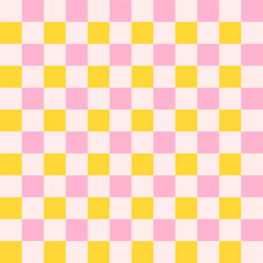 Checkerboard retro groovy background. Geometric pastel square texture in vintage y2k style. Hippie 70s pattern. Plaid pattern background. Pink and yellow colors.