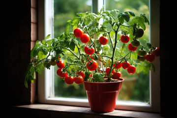 Bush with tomatoes on the windowsill, vegetable seedlings at home, your own vegetables at home - obrazy, fototapety, plakaty