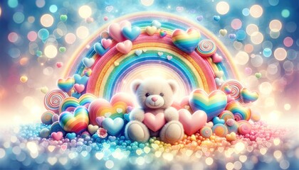 A single teddy bear hugs a heart in a blissful rainbow scene filled with love and softness - obrazy, fototapety, plakaty