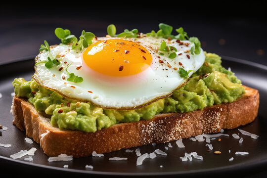 Toast with avocado egg from whole grain bread on a plate. Healthy and nutritious breakfast for the whole family