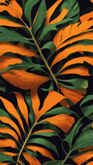Vibrant Orange Monstera Leaves: Flat 2D Seamless Pattern
