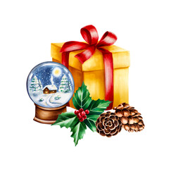 Watercolor christmas composition with gift, glass snowball globe, cones and holly berries illustration. New year gold present box with red bow isolated on white background. F