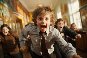Children fighting at school, boys with hatred on his face and fists, furious, grades 1-3