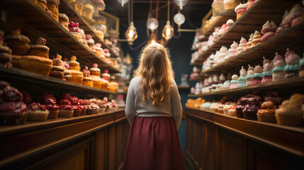 Young Girl Standing Amid Towering Shelves of Delicious Pastries, Cakes and Baked Goods. Generative AI.