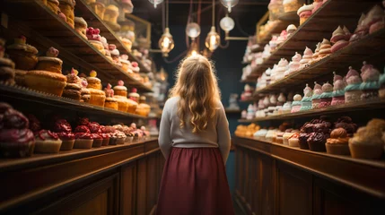 Fotobehang Young Girl Standing Amid Towering Shelves of Delicious Pastries, Cakes and Baked Goods. Generative AI. © Andy Dean