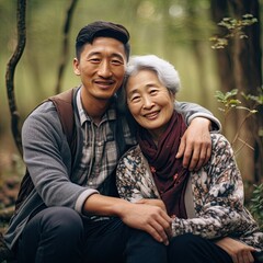 Son and mother of asian ethnicity sitting in nature hugging and looking at camera