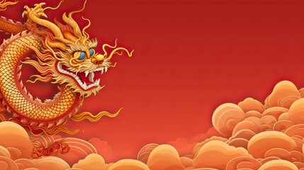 golden chinese dragon on red color background
