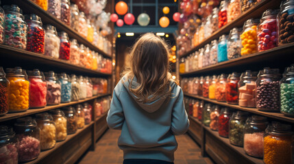 Small Child Walking Amidst a Bountiful Display of Glass Candy Jars at a Market Filled with Endless Varieties of Colorful Confections and an Abundant Selection of Sweet Treats. Generative AI.