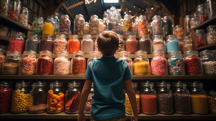 Small Child Walking Amidst a Bountiful Display of Glass Candy Jars at a Market Filled with Endless Varieties of Colorful Confections and an Abundant Selection of Sweet Treats. Generative AI.
