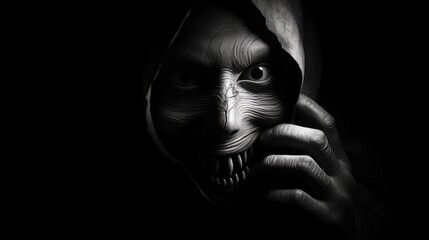 Obraz premium Evil face in the darkness. Close up shot. Scary, horror monster. Fear concept.
