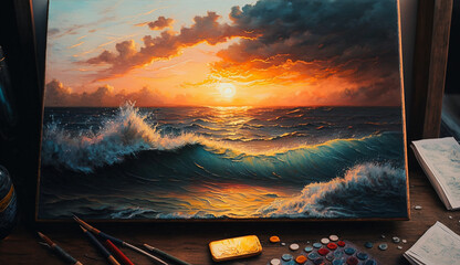 Ocean sunset oil painting pictures AI Generated illustration - obrazy, fototapety, plakaty