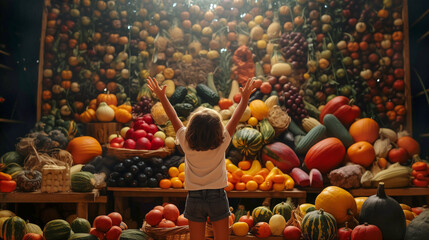 Small Child Reaching Up Toward a Bountiful Mountain of Food Piled High with Endless Fresh Fruits and Abundant Colorful Vegetables. Generative AI. - obrazy, fototapety, plakaty