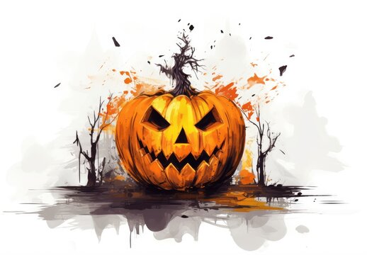 Happy Halloween! A scary face was carved out of a pumpkin. Jack's lantern is designed to guide ancestral spirits home and scare away evil spirits. IDigital art in watercolor style with paint splatters