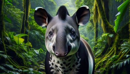 Close-up photograph of a Baird's Tapir (Tapirus bairdii) in Central American rainforests, featuring distinctive snout and dark fur.
