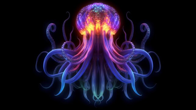 Octopus monstrous horrifying neon lights futuristic illustration image AI generated art