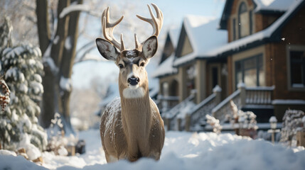 beautiful wild deer on the street of a snowy winter city, decorated for Christmas, house, postcard, New Year, fawn, doe, animal, yard, white snowdrifts, symbol, nature, holiday, eve, fairy tale, trees