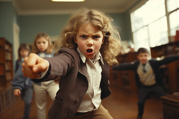 Children fighting at school, boy with hatred on his face and fists, furious, grades 1-3