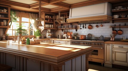 Fototapeta na wymiar A chef's paradise awaits your design in this spacious, well-lit kitchen