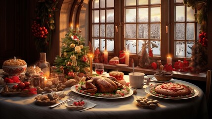 Fototapeta premium Christmas Feast for a Delighted European Family