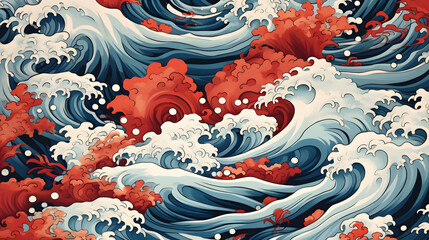 Traditional oriental seamless pattern with ocean waves, foam, splashes backdrop generativ ai