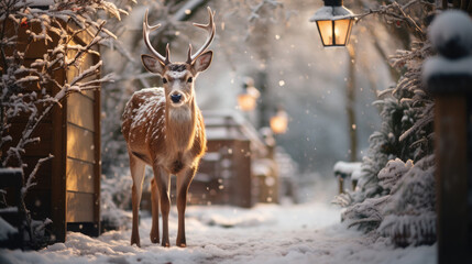 beautiful wild deer on the street of a snowy winter city, decorated for Christmas, house, postcard, New Year, fawn, doe, animal, yard, white snowdrifts, symbol, nature, holiday, eve, fairy tale, trees - obrazy, fototapety, plakaty