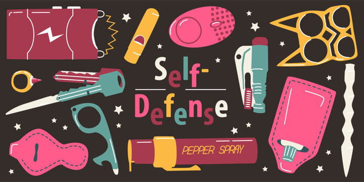 Set of stuff for self-defense, pepper spay, kay, stun gun, knuckle duster, alarm, case, whistle, knife, glass breaker