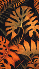 Flat 2D Monstera Leaves: Seamless Orange Vector Background
