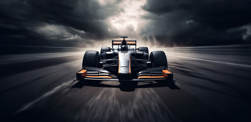 formula rrs racing car, in the style of dramatic atmospheric perspective, dark silver and light orange - obrazy, fototapety, plakaty