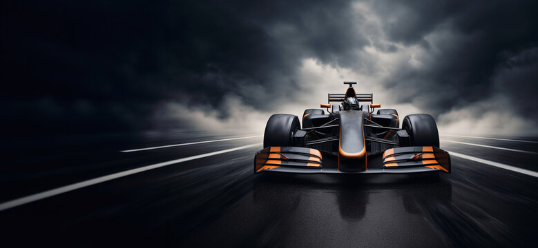 formula rrs racing car, in the style of dramatic atmospheric perspective, dark silver and light orange