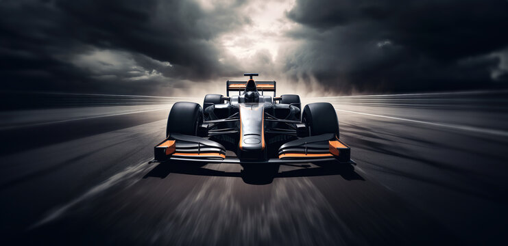 formula rrs racing car, in the style of dramatic atmospheric perspective, dark silver and light orange