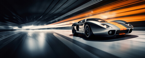 racing car in motion driving on a road, in the style of dark silver and light orange
