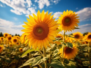 Obraz premium Bright Yellow Sunflowers Blooming in Field Under Sunny Sky