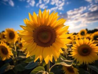 Obraz premium Bright Yellow Sunflowers Blooming in Field Under Sunny Sky