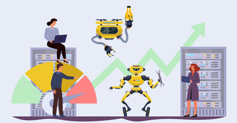 Artificial intelligence online support. Automated financal service. Smart virtual marketing support company. Robot, drone with a solution. Software, hardware. Flat cartoon vector illustration. 