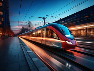 Fototapeta premium Modern High-Speed Train Traveling Through City at Dusk