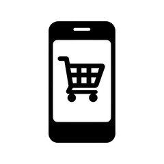 Online shopping icon. Simple black mobile phone with a shopping cart icon on the screen.