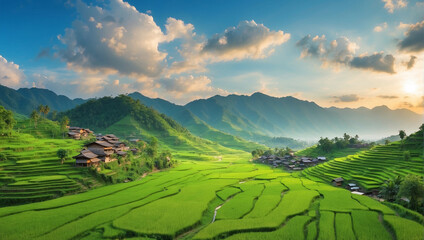 Fototapeta premium Green Landscape of Mountain Hills and Rice Field in The Village