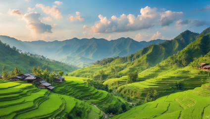 Fototapeta premium Green Landscape of Mountain Hills and Rice Field in The Village