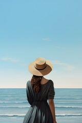 Fototapeta na wymiar back view of woman in summer sun hat standing by sea or ocean water an looking at nature, follow me concept