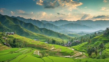 Green Landscape of Mountain Hills and Rice Field in The Village