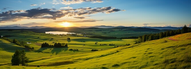 Sunset Serenity: Lush Green Hills and a Radiant Sky at Dusk