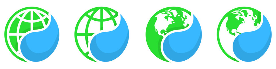 Globe icons set. Green Earth icon with blue water drop. Climate change concept.