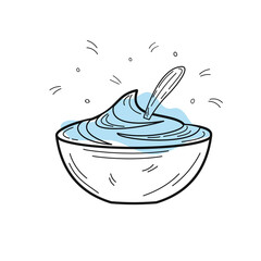 Bowl with sour cream. Dairy products. Dessert. Organic homemade food. Vector illustration in hand drawn doodle style. Nutrition concept. Kitchen image. Illustration for a cookbook.