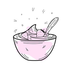 A bowl of fruity strawberry yogurt. Dairy products. Dessert. Organic homemade food. Vector illustration in hand drawn doodle style. Nutrition concept. Kitchen image. Illustration for a cookbook. 