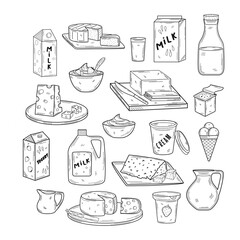 Set of dairy products. Milk, butter, fruit yoghurts, sour cream, different types of cheese, ice cream. Dairy products. Vector illustration in hand drawn doodle style. Nutrition concept. Kitchen image.