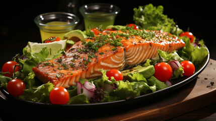 Grilled salmon fish fillet and fresh green lettuce vegetable tomato salad with avocado generative ai