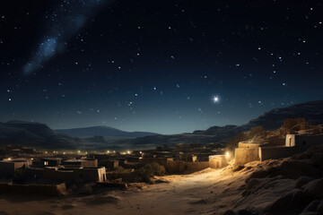 Christmas star over city of Bethlehem. Nativity story. Birth of Jesus Christ. Beautiful dark blue starry sky and bright star background - Powered by Adobe