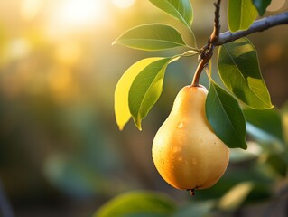 Ripe Yellow Pear Hanging From Branch After Rain
